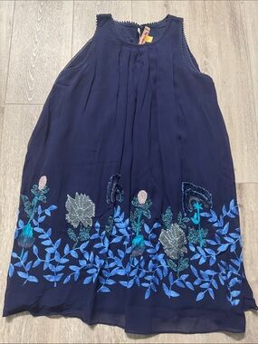 Anthropologie Navy Embroidered Floral Midi Dress